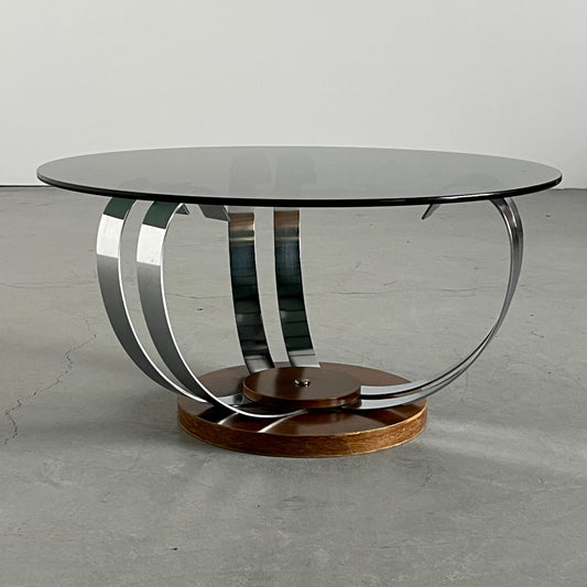 Vintage Couchtisch Rauchglas Holz Stahl Mid-Century Modern 1970er Italien