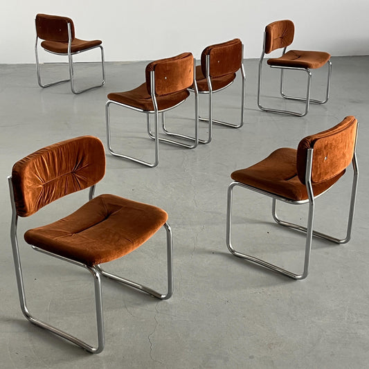 Vintage Freischwinger Essstuhl Italien Stoff Chrom 1970er Set von 6
