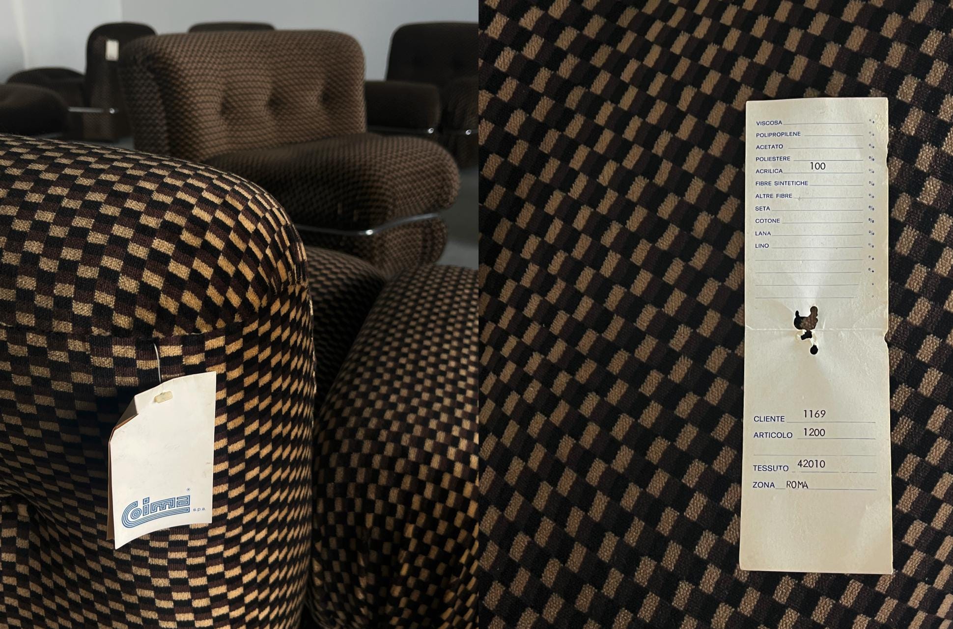 Vintage Sitzmöbel Mid-Century Modern kariert verchromt Set von 7