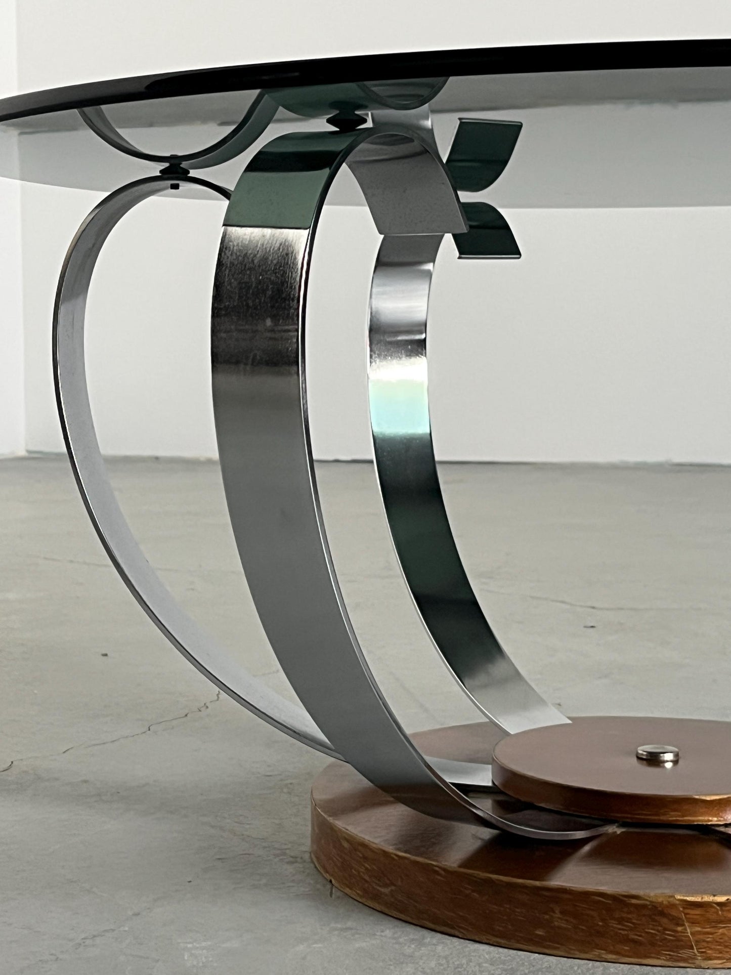 Vintage Couchtisch Rauchglas Holz Stahl Mid-Century Modern 1970er Italien