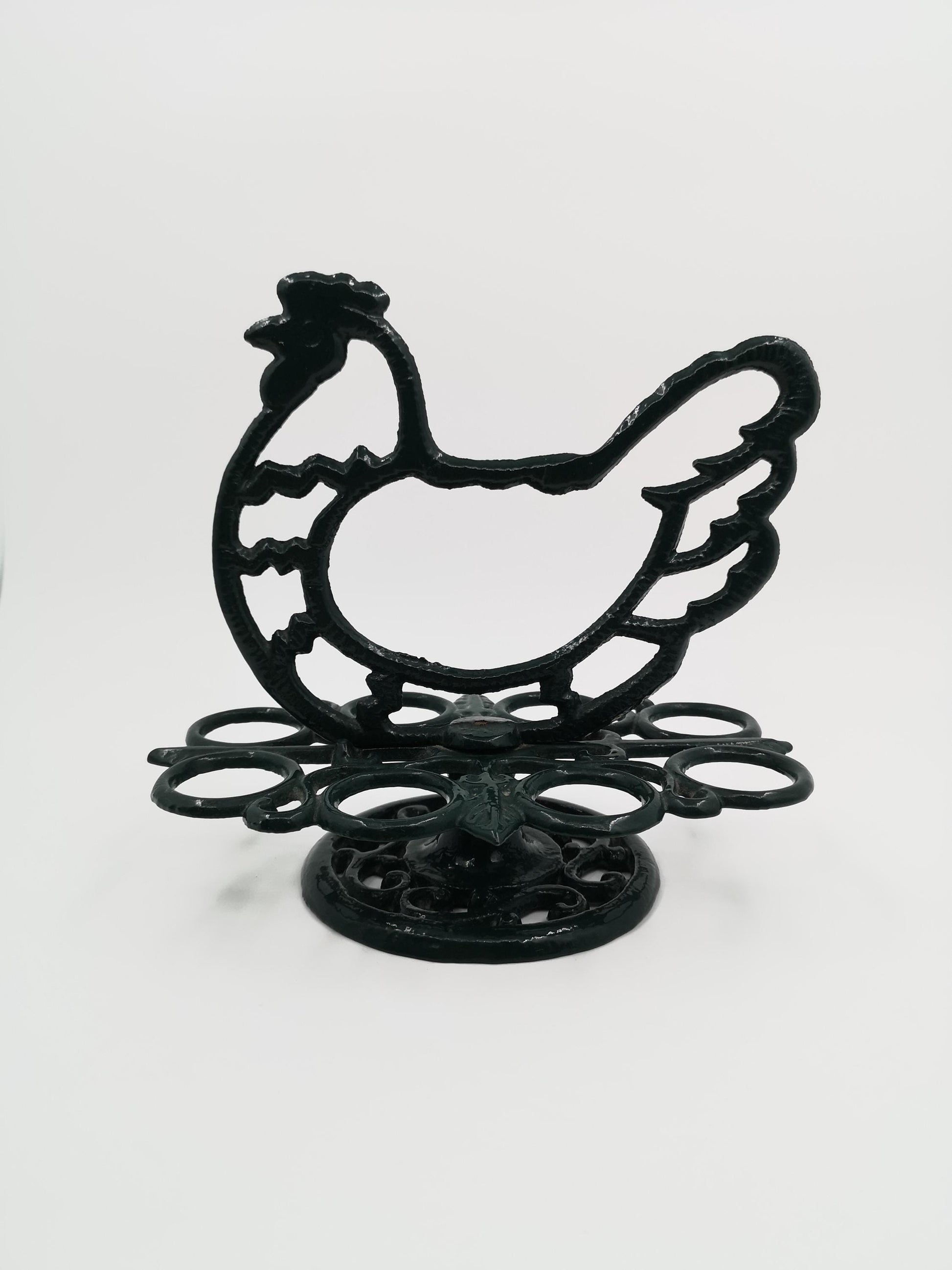 Vintage Eierhalter Huhn aus Gusseisen von LandhausCharmanter, dunkelgrün lackiert, stabil, dekorativ