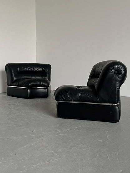 Vintage Sofa Set von 5 Modulen, italienisch, schwarz, 1970er, gebogener Chromrahmen