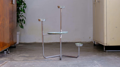 Vintage Blumenregal Bauhaus Chromstahlrohr mit Schalen und Holzbrett