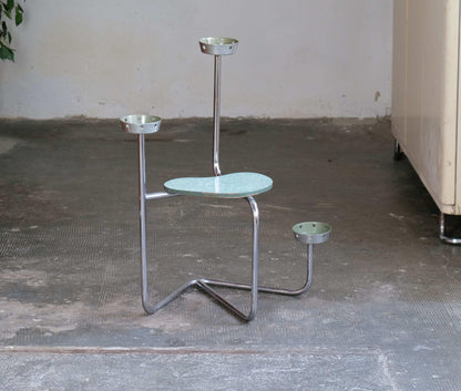 Vintage Blumenregal Bauhaus Chromstahlrohr mit Schalen und Holzbrett