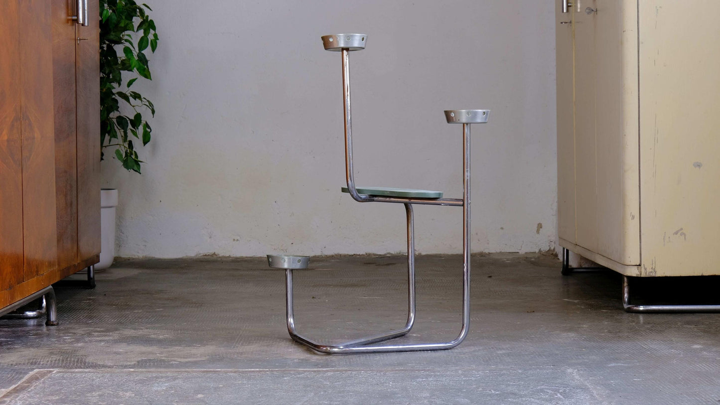 Vintage Blumenregal Bauhaus Chromstahlrohr mit Schalen und Holzbrett