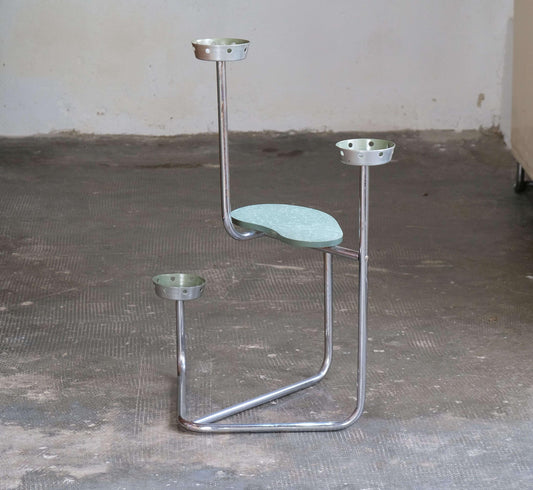 Vintage Blumenregal Bauhaus Chromstahlrohr mit Schalen und Holzbrett