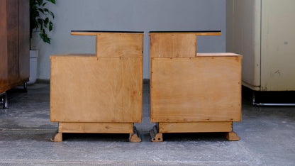 Vintage Nachttisch Gelbbraun Schwarz Vogelaugenahorn Glas Metall