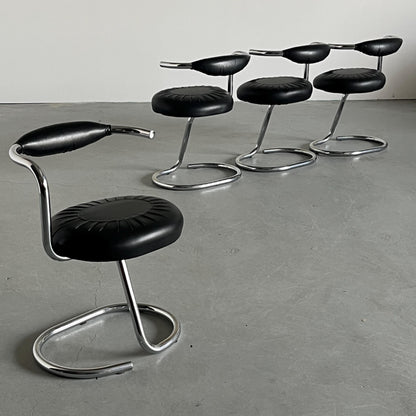 Vintage Stuhl Cobra von Giotto Stoppino für Bernini, Set von 4, schwarz, Chromgestell