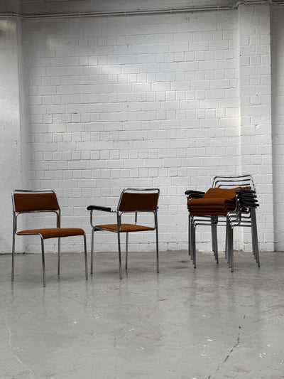 Vintage chrome-plated chair with brown fabric upholstery, Bauhaus style, stackable, West Germany