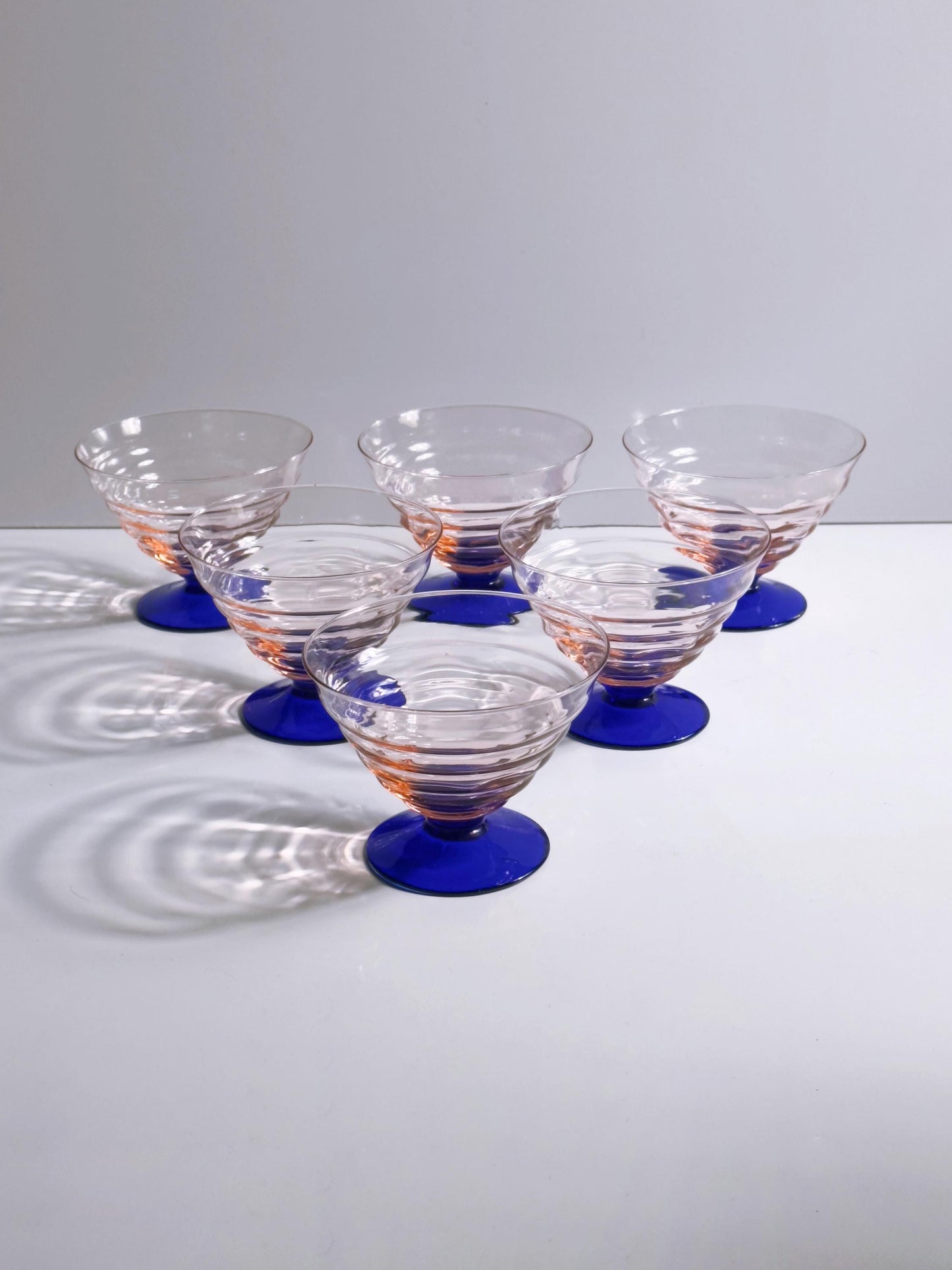 Vintage Schale Set von 7 von Empoli Art Deco Kobaltblau Rosalin Glas