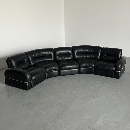 Vintage Sofa Set von 5 Modulen, italienisch, schwarz, 1970er, gebogener Chromrahmen