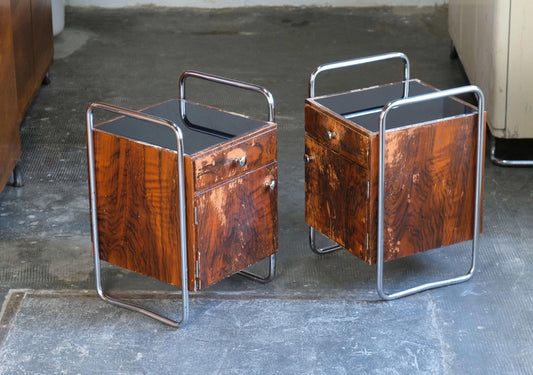 Vintage Nachttisch Set von 2 Bauhaus von unbekannt für unbekannt mit Schublade und Glasplatte