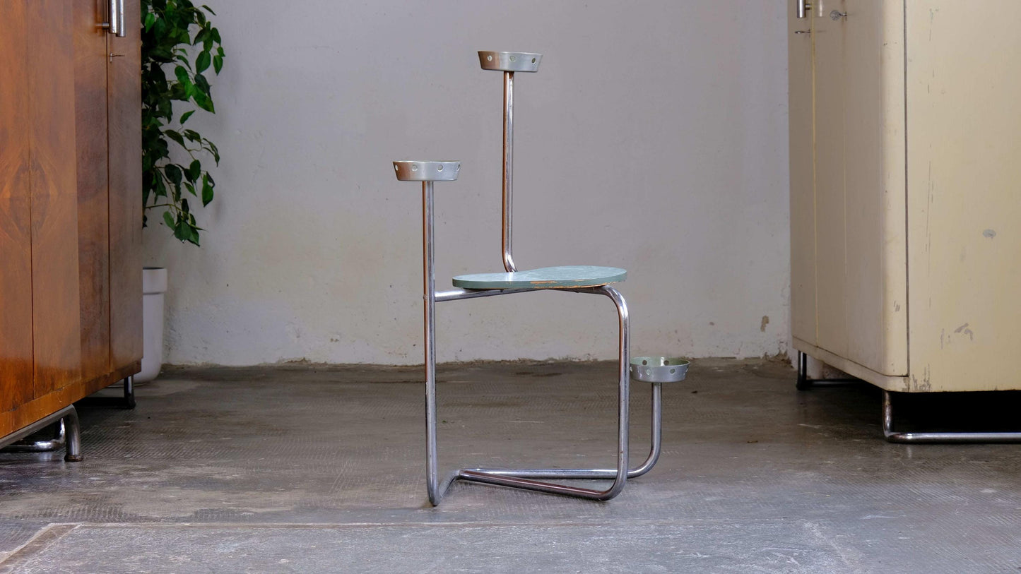 Vintage Blumenregal Bauhaus Chromstahlrohr mit Schalen und Holzbrett