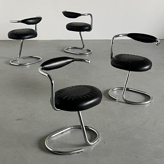 Vintage Stuhl Cobra von Giotto Stoppino für Bernini, Set von 4, schwarz, Chromgestell