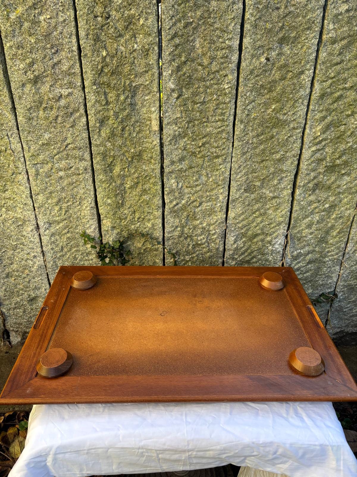 Vintage Tablett mit Weltkarte aus Holz und Keramik, ca. 75x48 cm