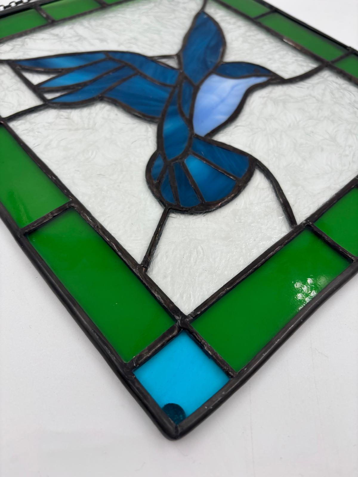 Vintage Fensterbild aus Glas mit blauem Vogel