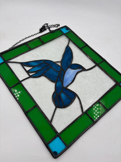 Vintage Fensterbild aus Glas mit blauem Vogel