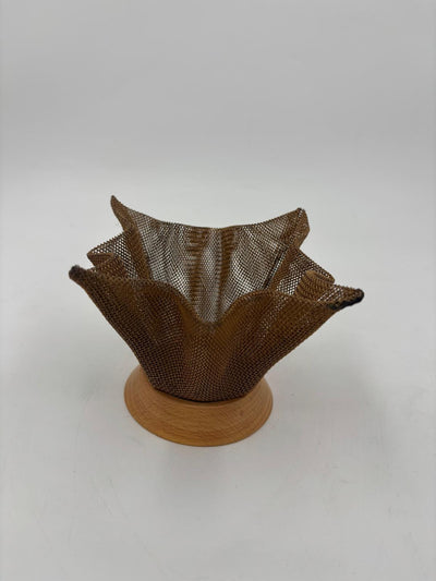 Vintage candle holder, metal mesh, wood