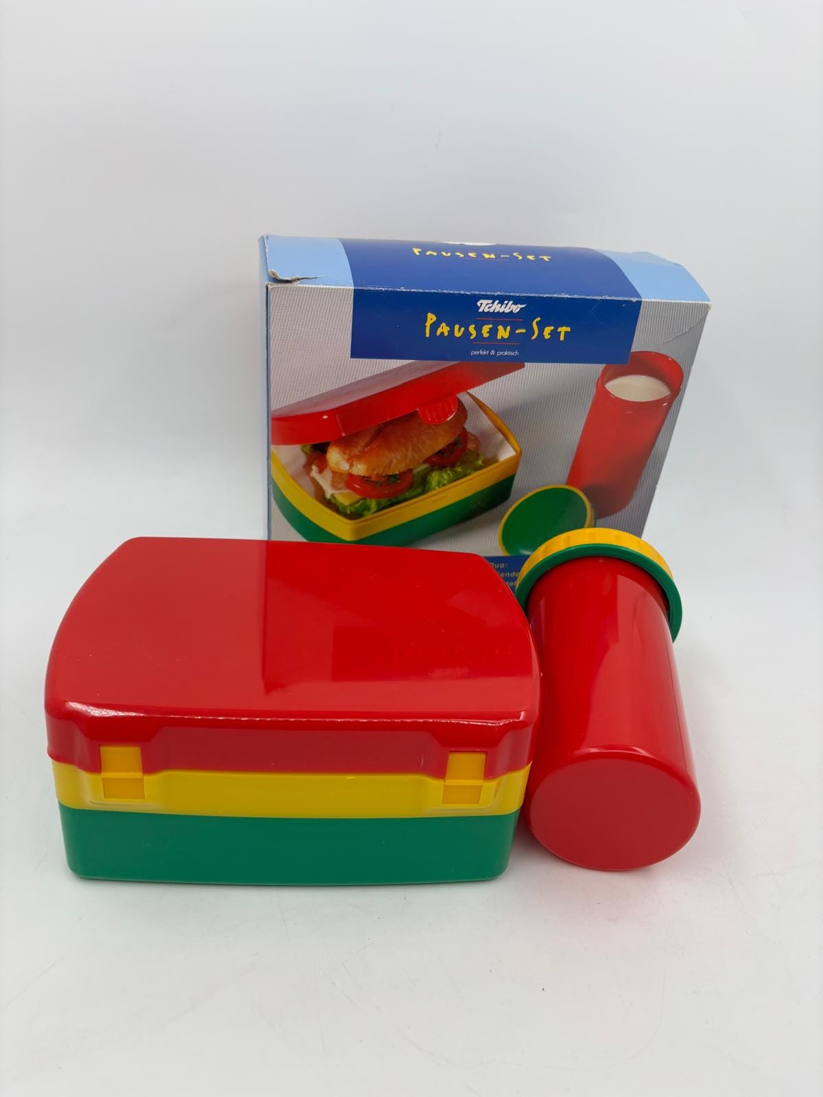 Vintage Pausen-Set Taschler-Set von Tschibo aus Kunststoff mit Dose und Becher originalverpackt