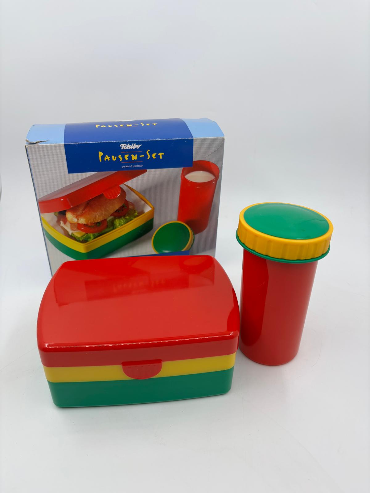 Vintage Pausen-Set Taschler-Set von Tschibo aus Kunststoff mit Dose und Becher originalverpackt