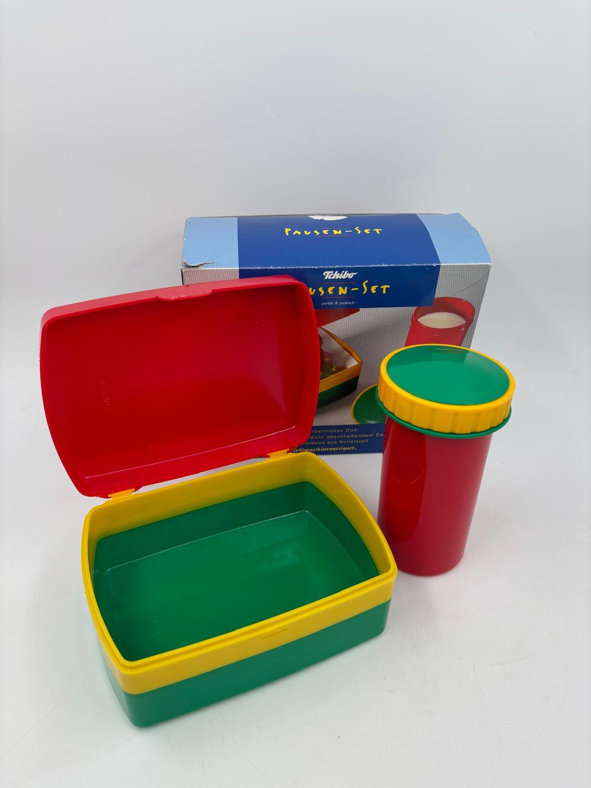 Vintage Pausen-Set Taschler-Set von Tschibo aus Kunststoff mit Dose und Becher originalverpackt