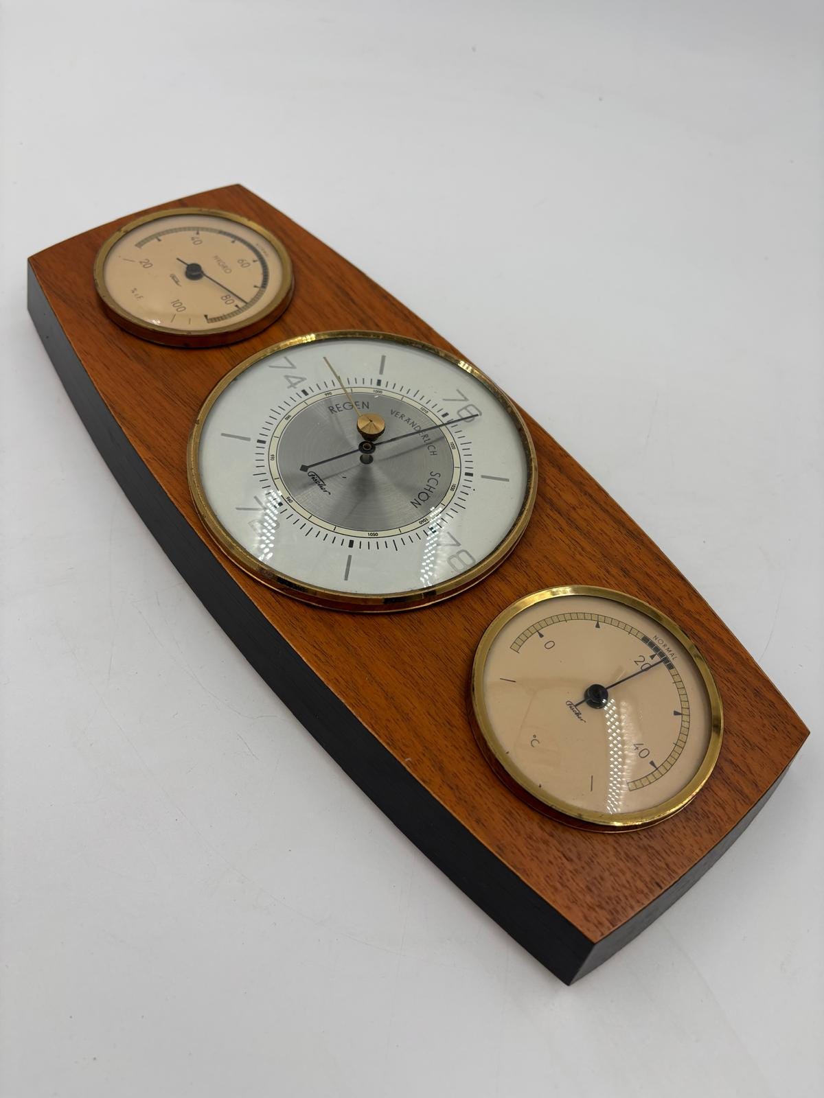 Vintage Wetterstation Barometer waagerecht Holz Messing funktionstüchtig