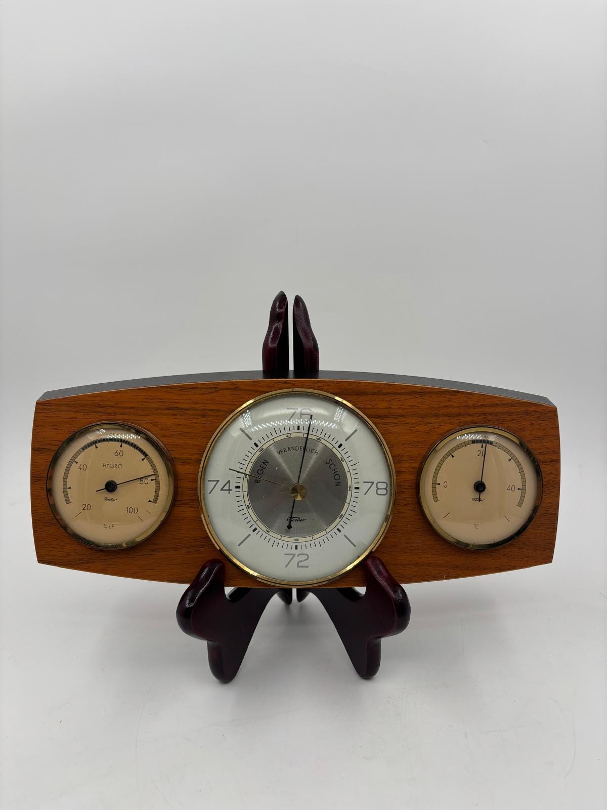 Vintage Wetterstation Barometer waagerecht Holz Messing funktionstüchtig