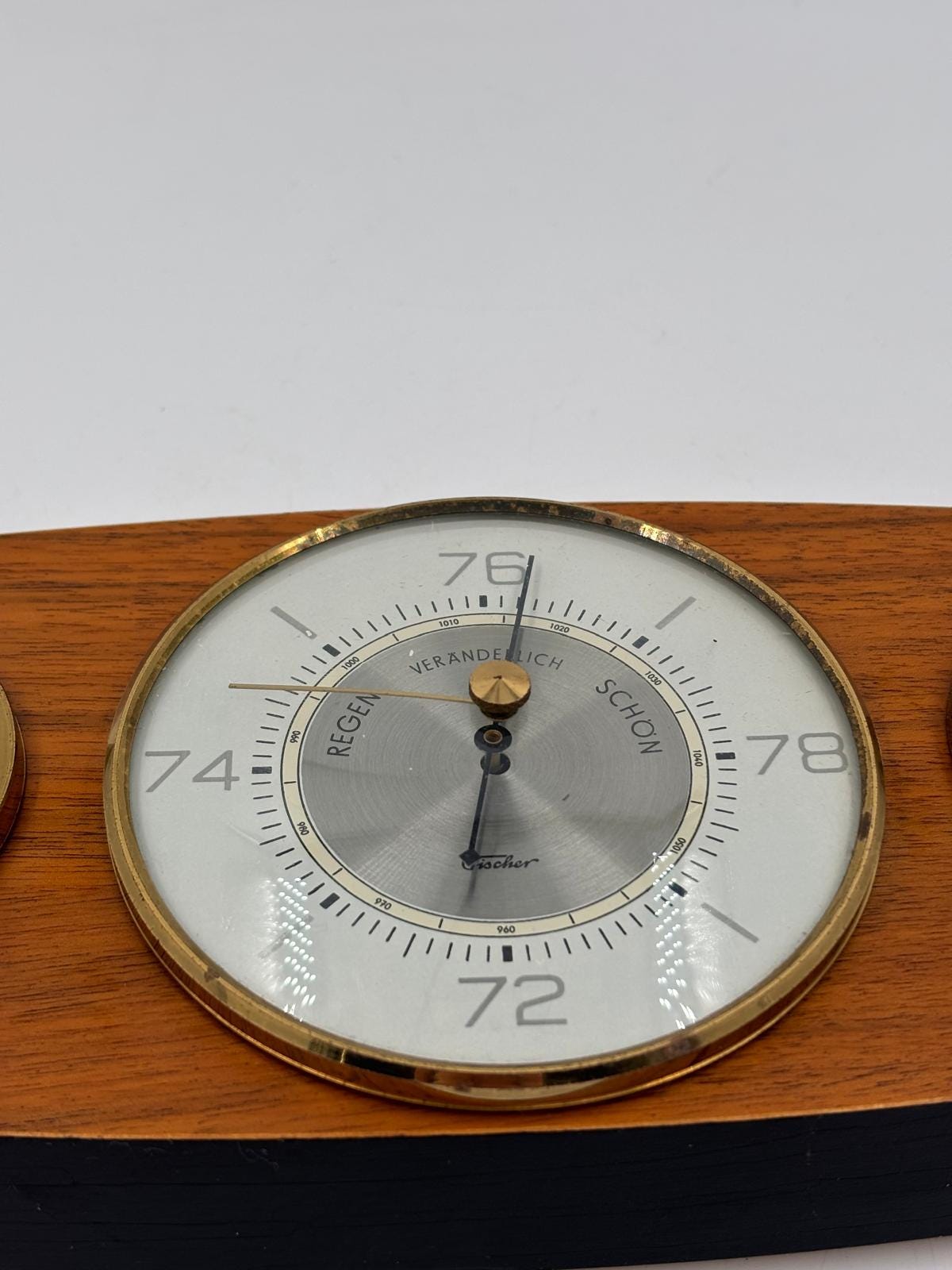 Vintage Wetterstation Barometer waagerecht Holz Messing funktionstüchtig