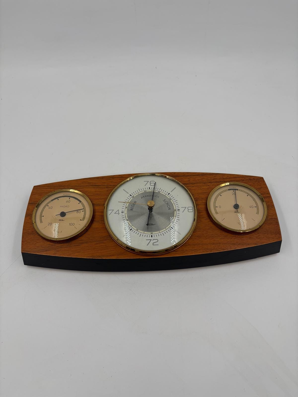 Vintage Wetterstation Barometer waagerecht Holz Messing funktionstüchtig