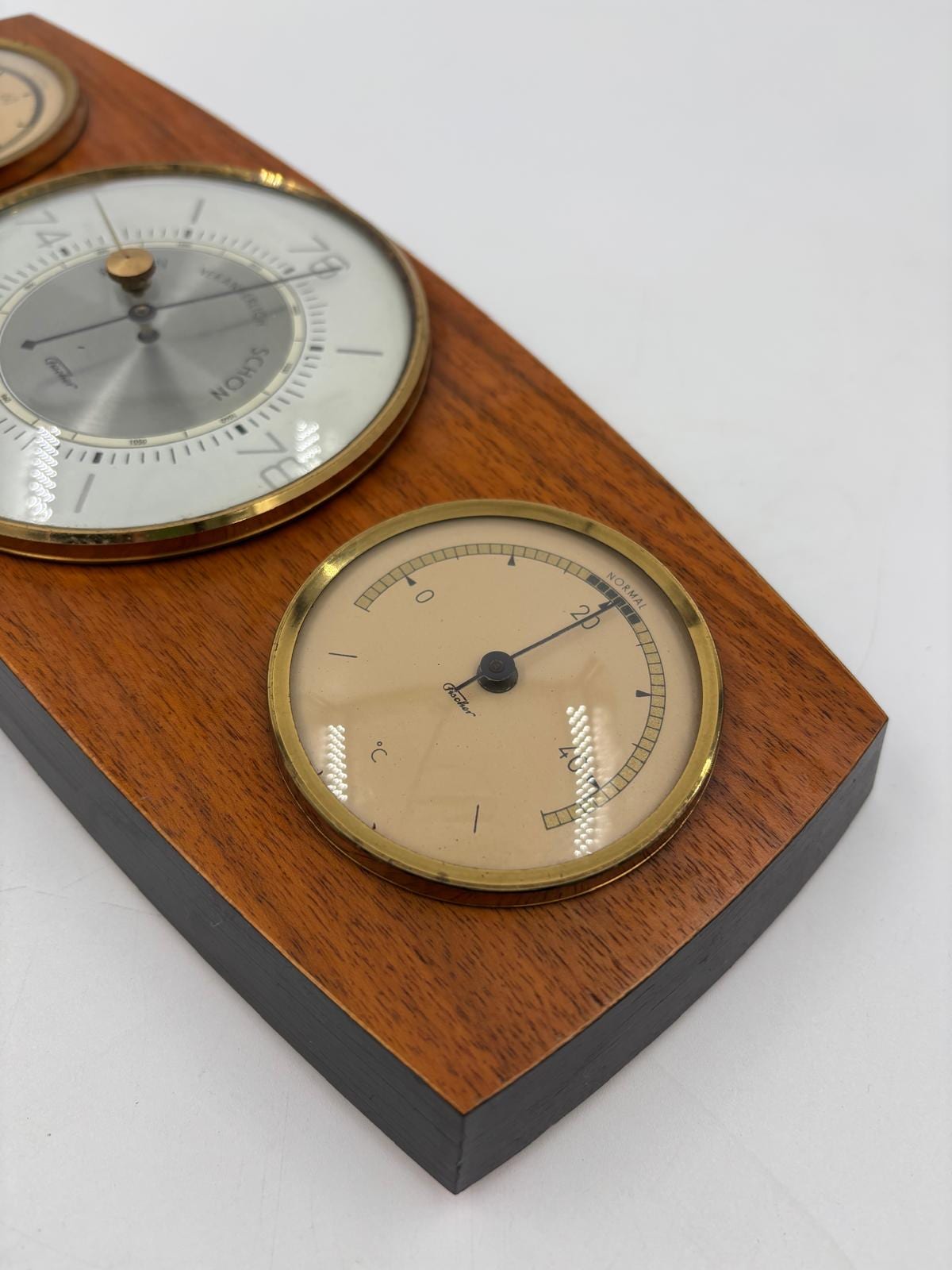 Vintage Wetterstation Barometer waagerecht Holz Messing funktionstüchtig