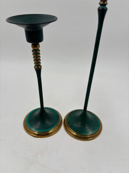 Vintage Kerzenständer Set von 2 von Gilde patiniert grün gold