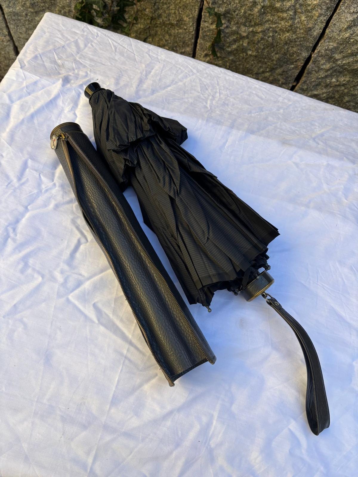 Vintage Sonnenschirm von Knirps schwarz mit Kunstlederhülle