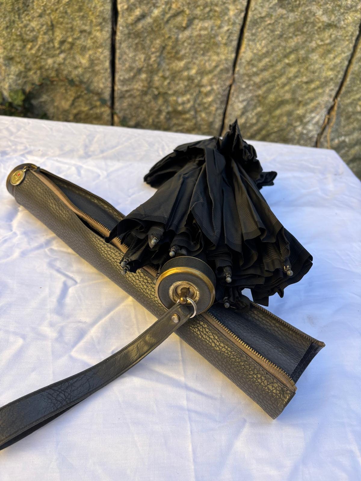 Vintage Sonnenschirm von Knirps schwarz mit Kunstlederhülle