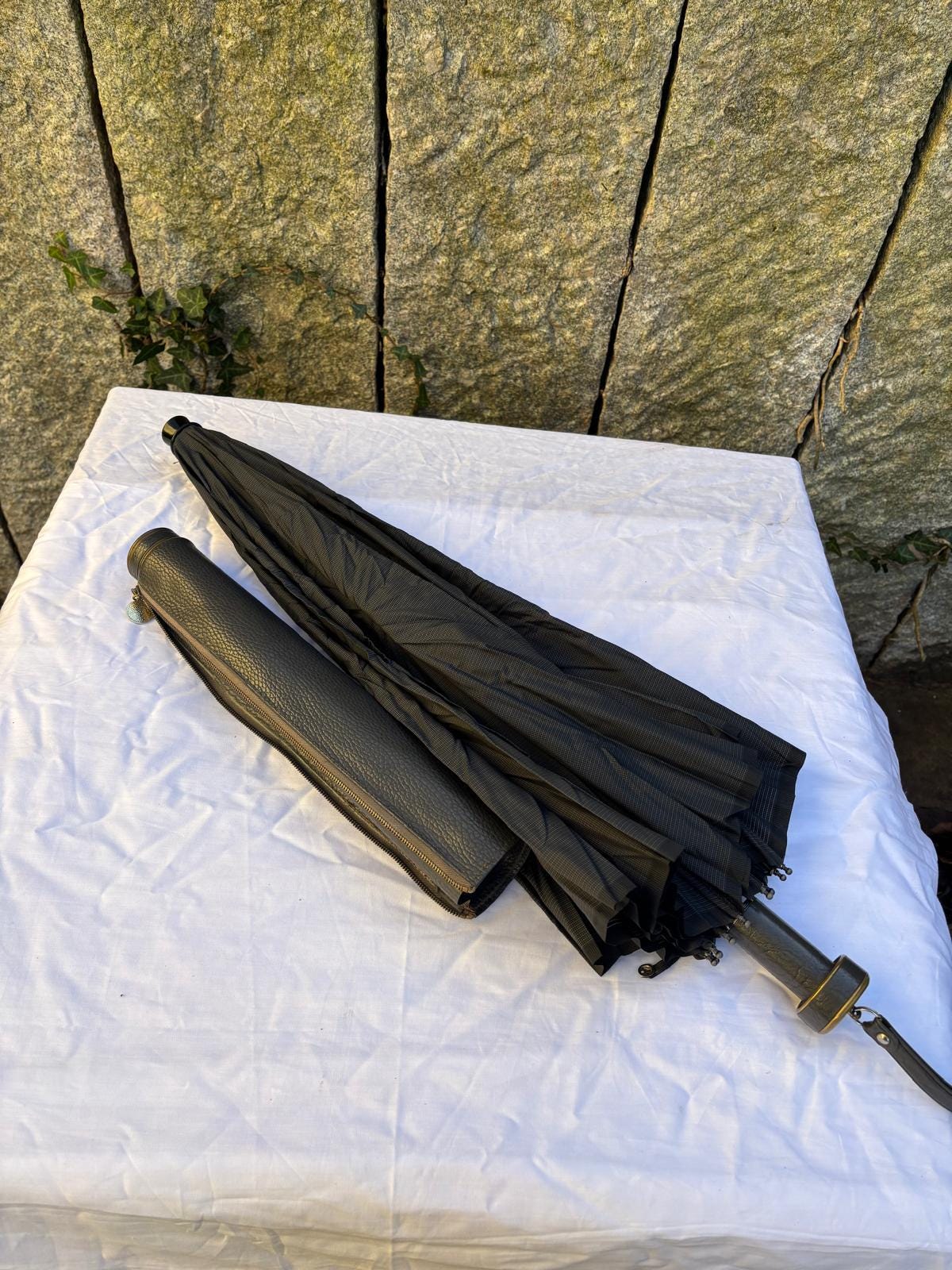 Vintage Sonnenschirm von Knirps schwarz mit Kunstlederhülle