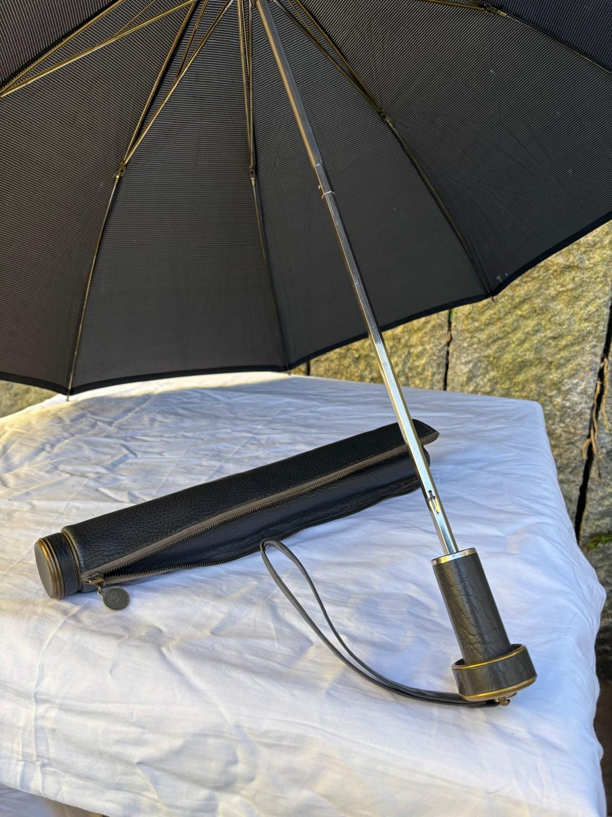 Vintage Sonnenschirm von Knirps schwarz mit Kunstlederhülle