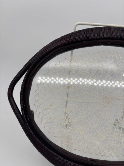 Vintage Tablett mit Glas und Häkeldeckchen ca. 30 cm