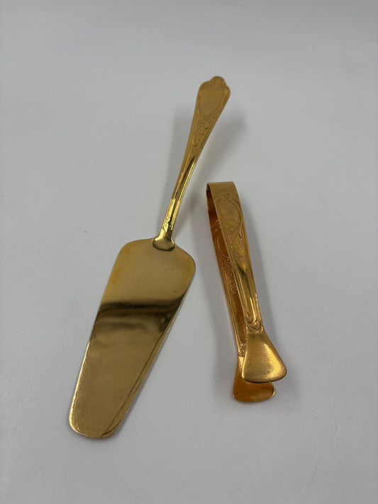 Vintage Servierbesteck Set von 2 Tortenheber und Zuckerzange goldfarben