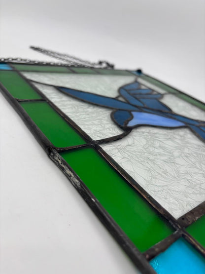 Vintage Fensterbild aus Glas mit blauem Vogel