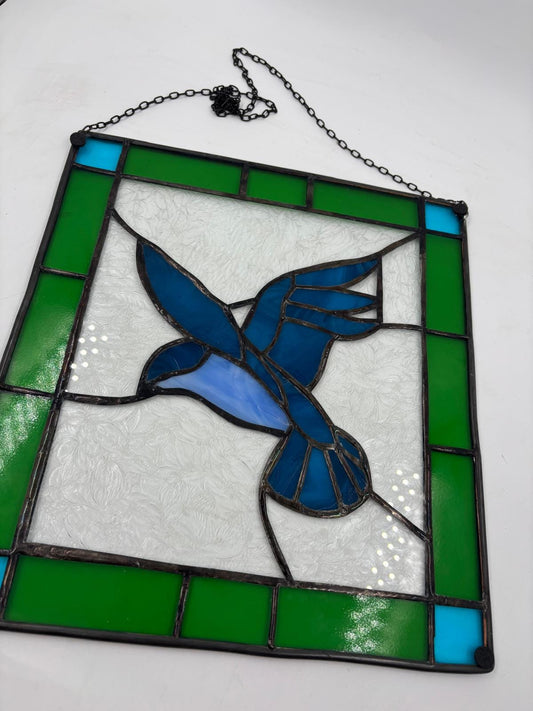 Vintage Fensterbild aus Glas mit blauem Vogel