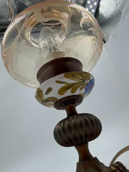 Vintage Tischlampe Messinggussfuß Glasschirm mit Dekor und Kabel mit Schnurschalter