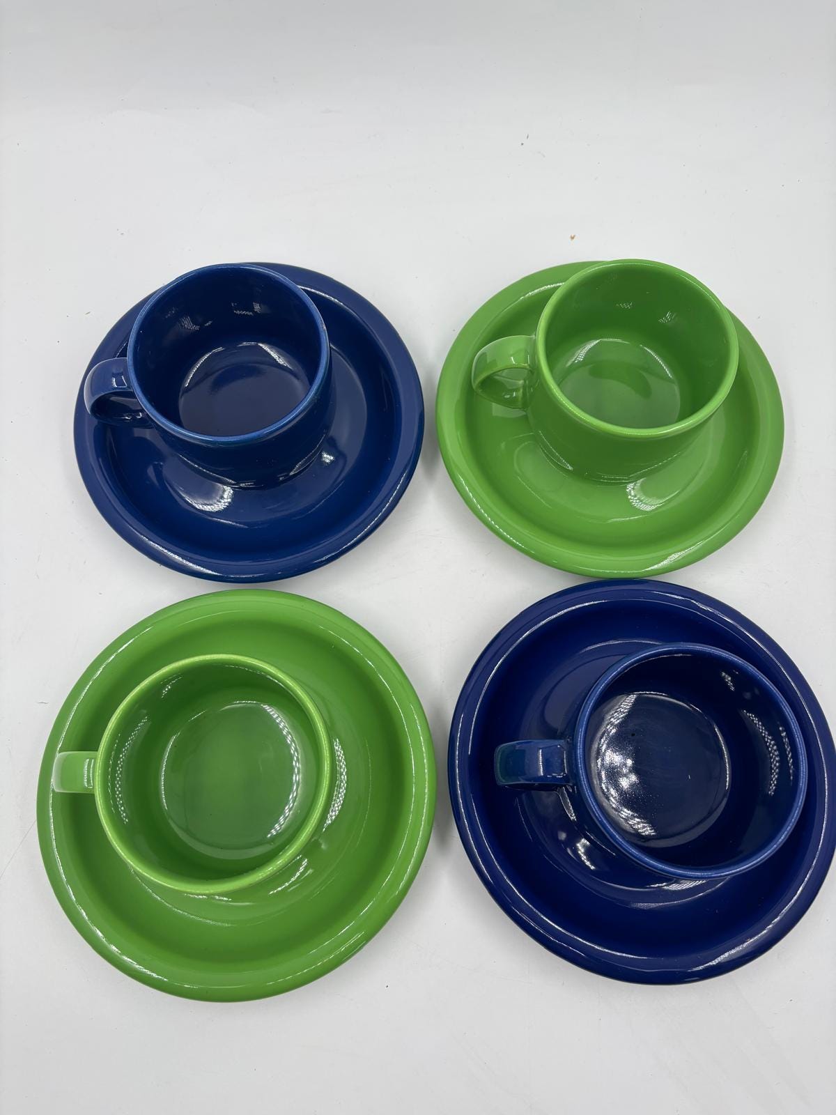 Vintage Kaffeeservice Set von 4 von Wächtersbacher Keramik blau grün Wellenrand-Dekor