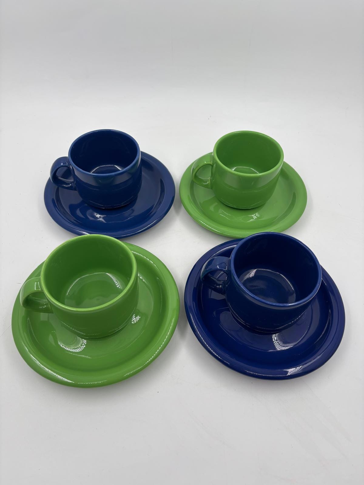 Vintage Kaffeeservice Set von 4 von Wächtersbacher Keramik blau grün Wellenrand-Dekor