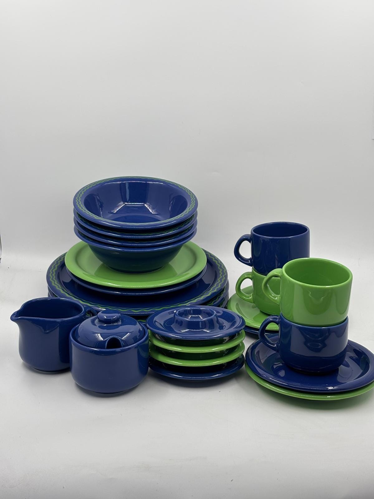 Vintage Kaffeeservice Set von 4 von Wächtersbacher Keramik blau grün Wellenrand-Dekor