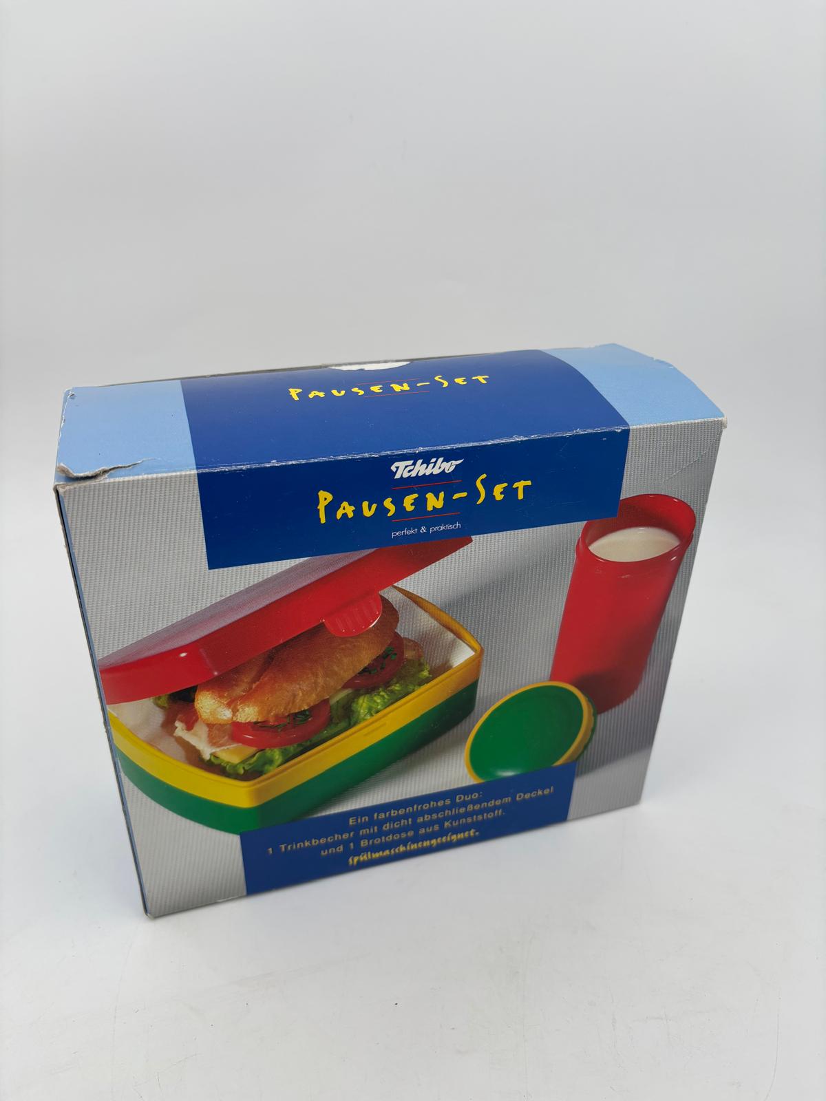 Vintage Pausen-Set Taschler-Set von Tschibo aus Kunststoff mit Dose und Becher originalverpackt