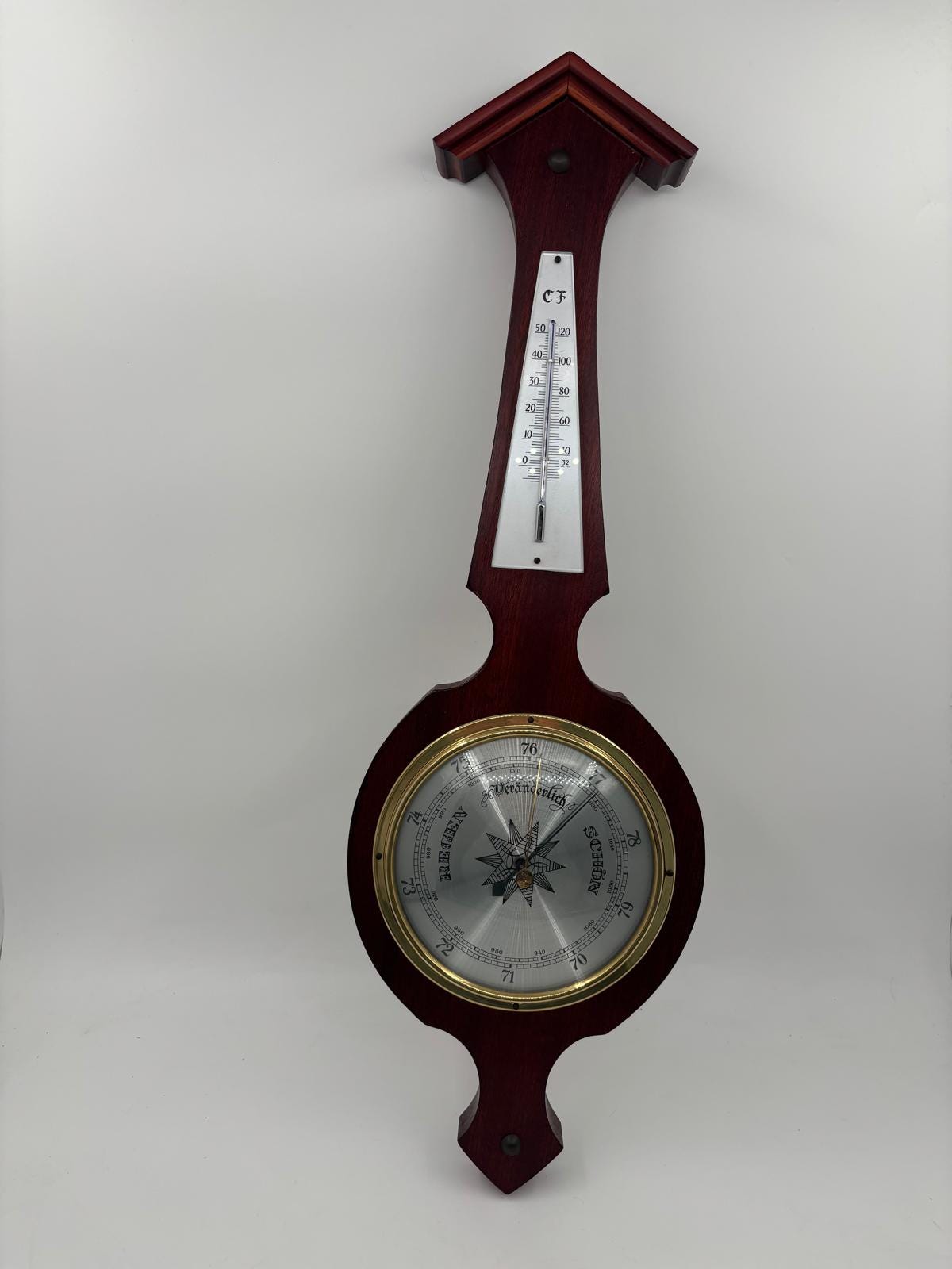 Vintage Wandbarometer mit Thermometer und Uhr aus rötlichem Holz