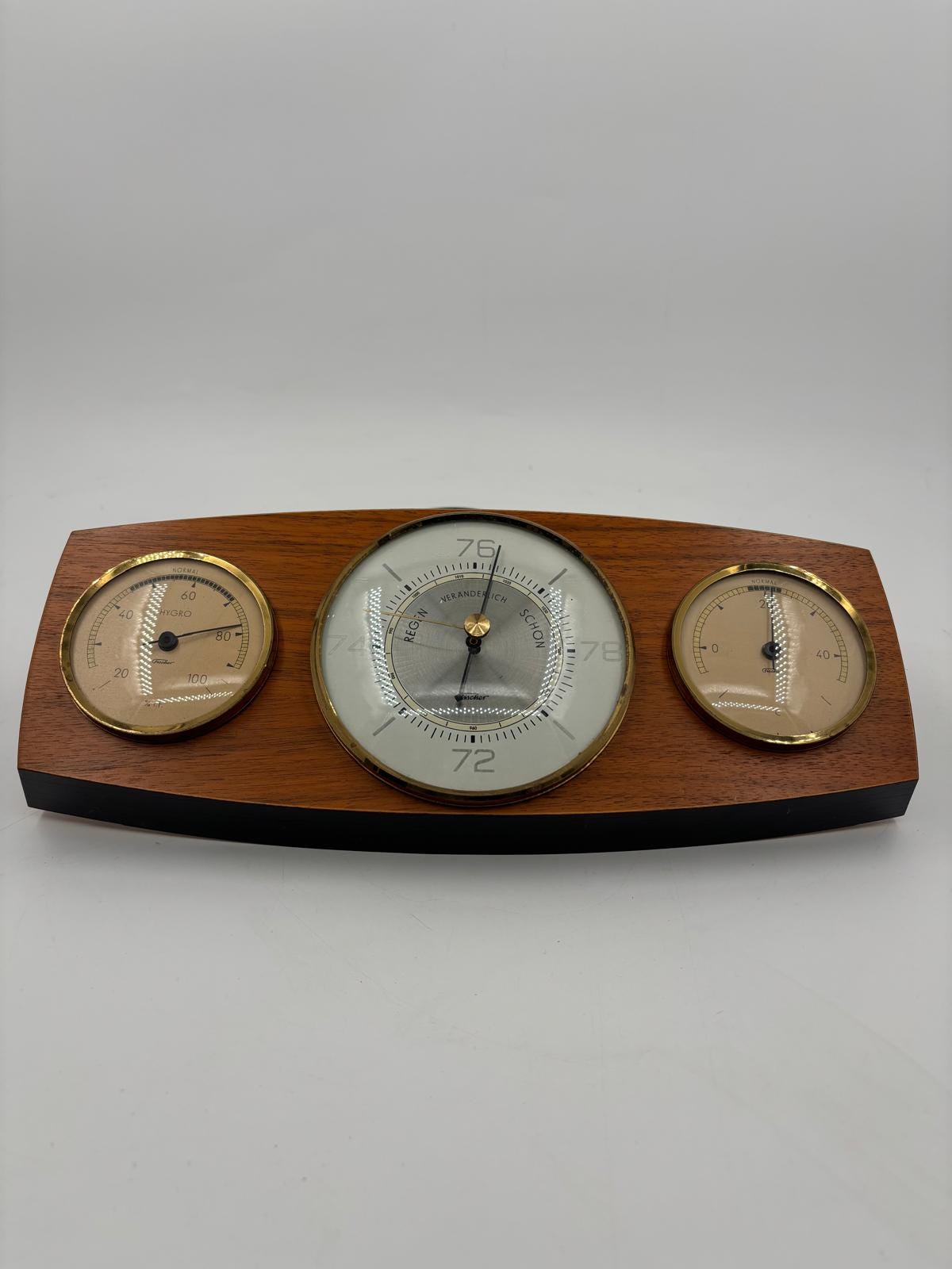 Vintage Wetterstation Barometer waagerecht Holz Messing funktionstüchtig