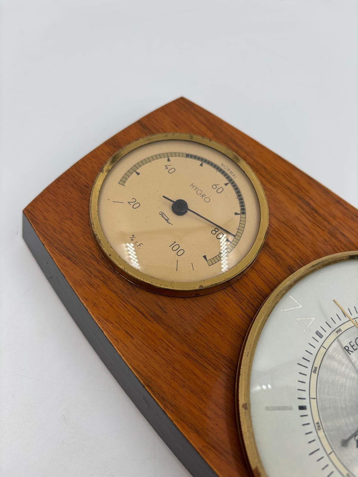Vintage Wetterstation Barometer waagerecht Holz Messing funktionstüchtig