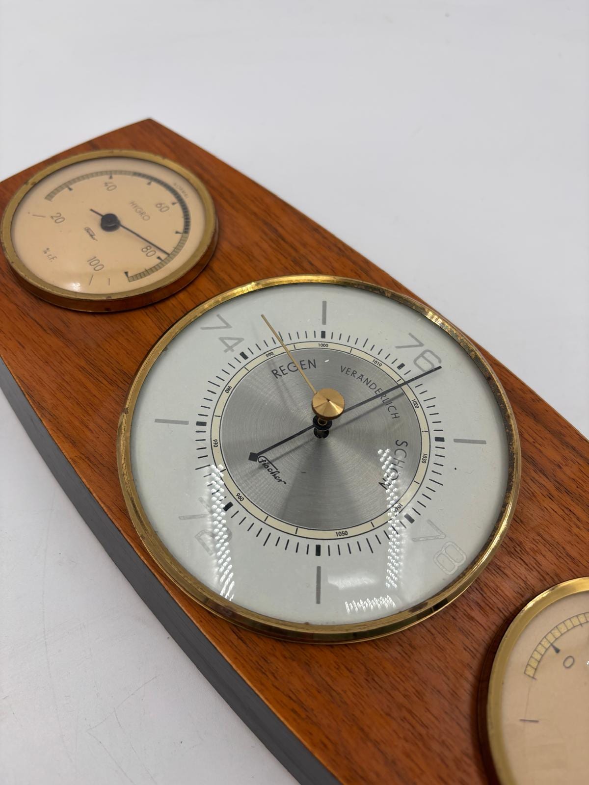 Vintage Wetterstation Barometer waagerecht Holz Messing funktionstüchtig