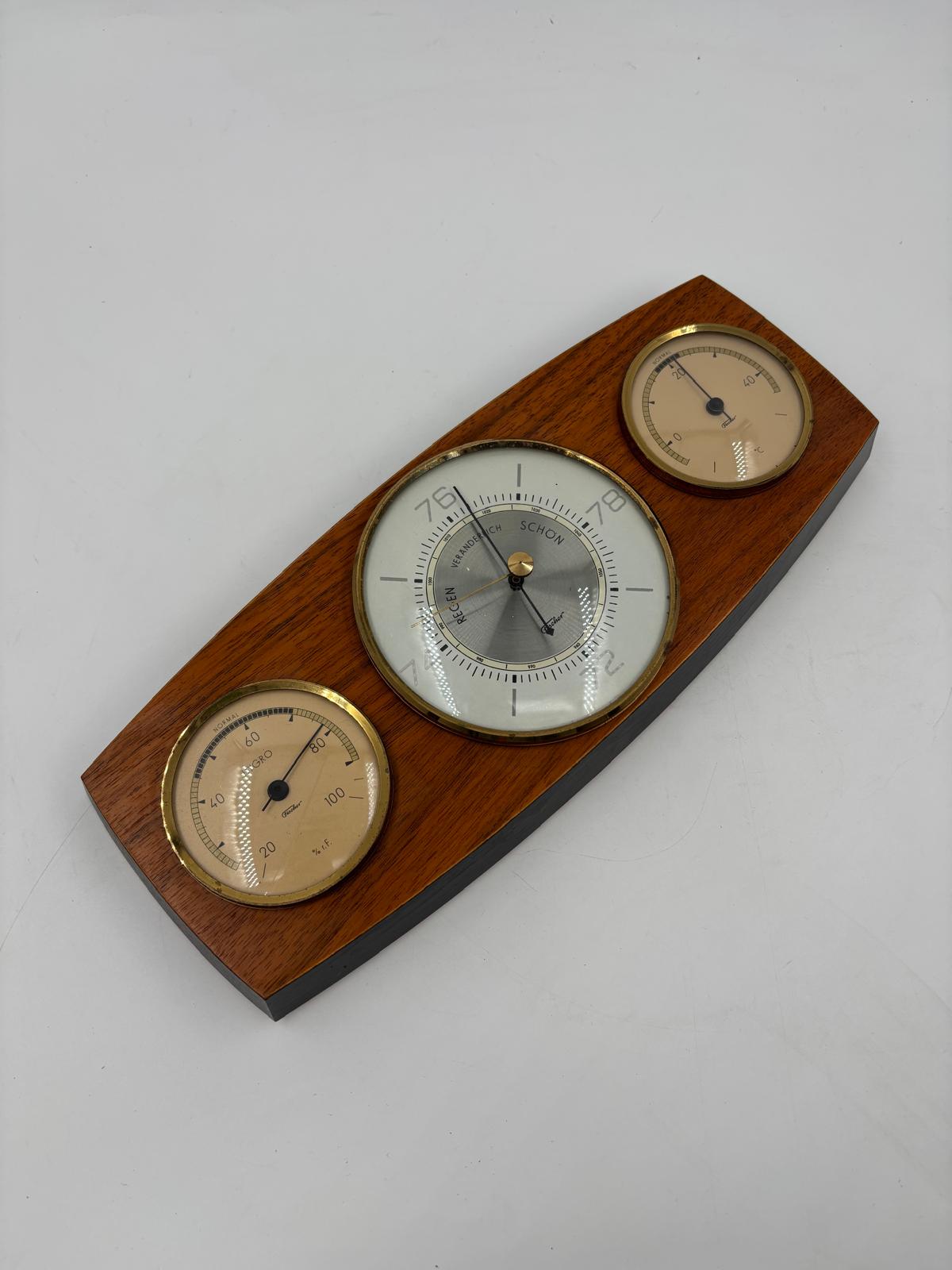 Vintage Wetterstation Barometer waagerecht Holz Messing funktionstüchtig