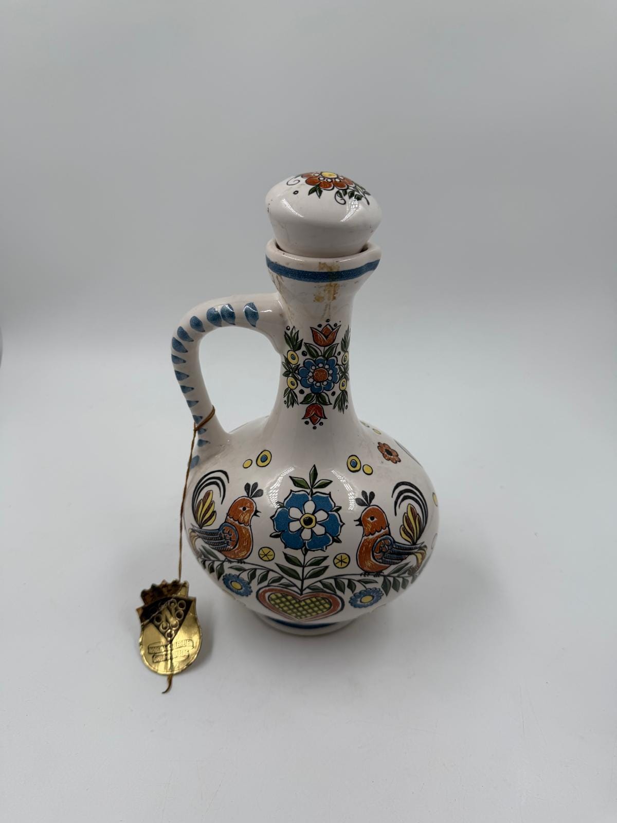 Vintage Vase Ulmer Keramik mit Deckel von Ulmer Keramik Folk Art Motiv